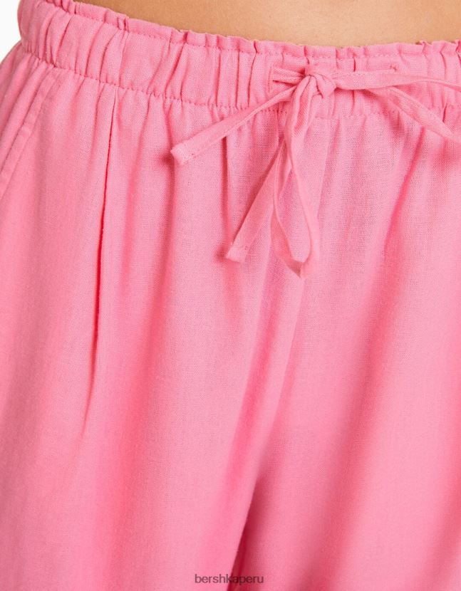 rosa Bershka mujer pantalones anchos de mezcla de lino con cintura fruncida 806J6B1456