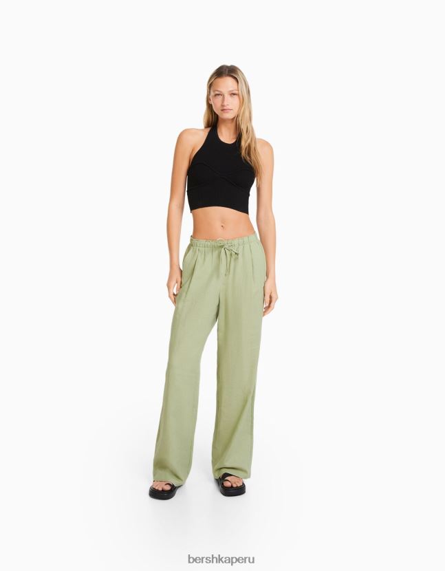 verde Bershka mujer pantalones anchos de mezcla de lino con cintura fruncida 806J6B1457