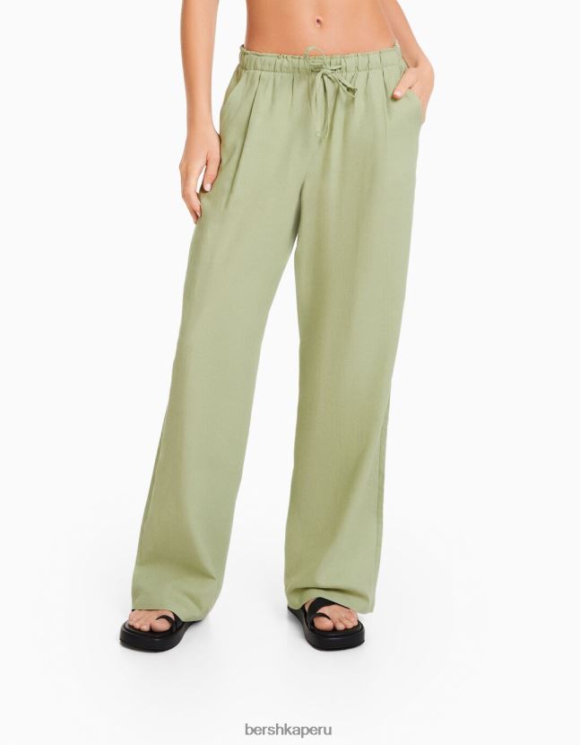 verde Bershka mujer pantalones anchos de mezcla de lino con cintura fruncida 806J6B1457