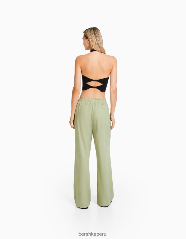 verde Bershka mujer pantalones anchos de mezcla de lino con cintura fruncida 806J6B1457