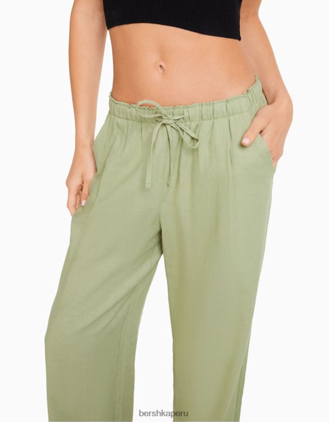 verde Bershka mujer pantalones anchos de mezcla de lino con cintura fruncida 806J6B1457