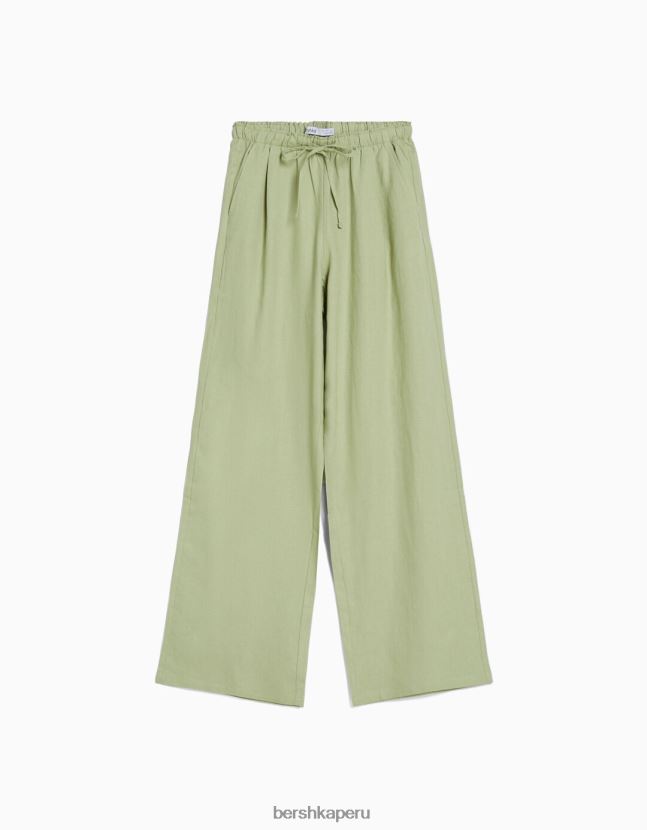 verde Bershka mujer pantalones anchos de mezcla de lino con cintura fruncida 806J6B1457