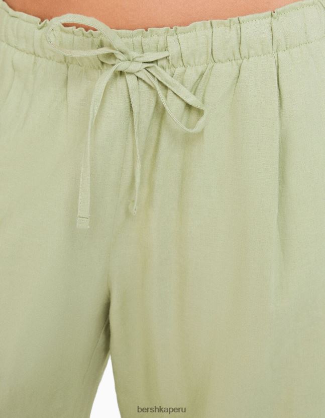 verde Bershka mujer pantalones anchos de mezcla de lino con cintura fruncida 806J6B1457