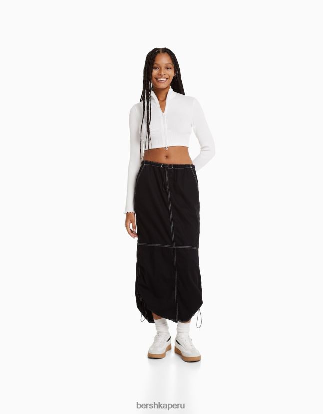 negro Bershka mujer falda midi de mezclilla estilo paracaídas 806J6B1379