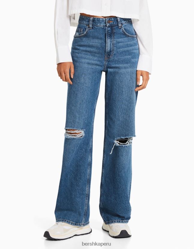 azul Bershka mujer vaqueros anchos rotos de los 90 806J6B1605