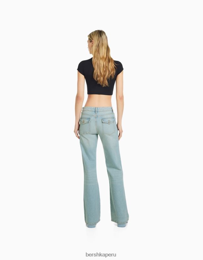 azul claro Bershka mujer vaqueros acampanados de tiro bajo con bolsillos 806J6B1565