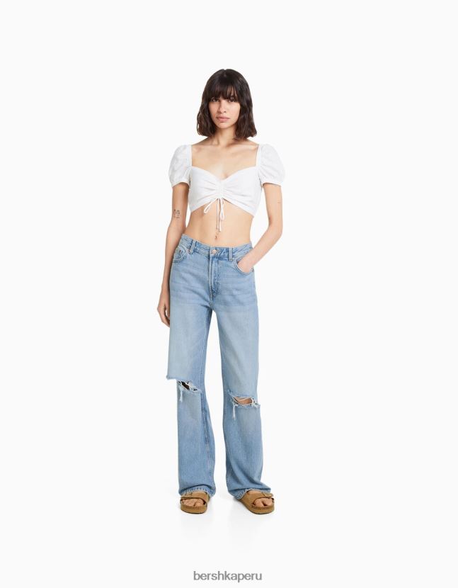 azul claro Bershka mujer vaqueros anchos de los 90 con rotos 806J6B1488