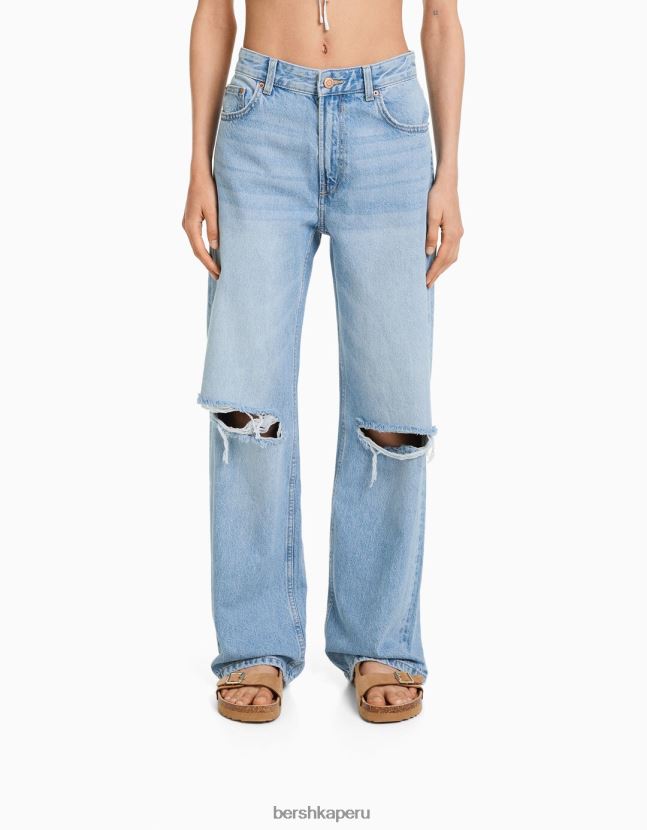azul claro Bershka mujer vaqueros anchos de los 90 con rotos 806J6B1488