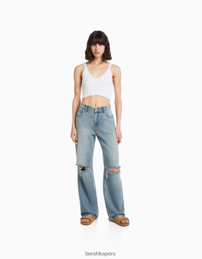 azul claro Bershka mujer vaqueros anchos de los 90 con rotos 806J6B1489