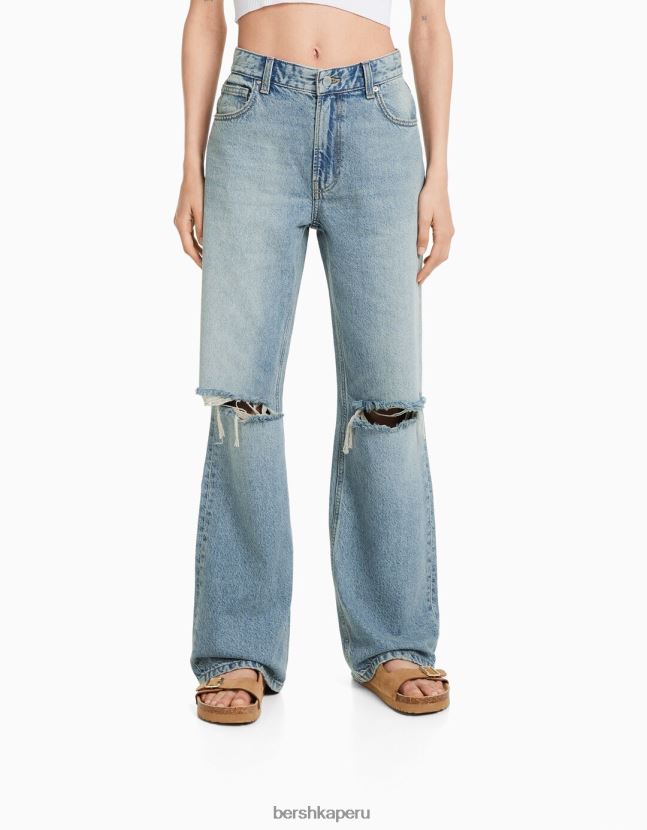 azul claro Bershka mujer vaqueros anchos de los 90 con rotos 806J6B1489