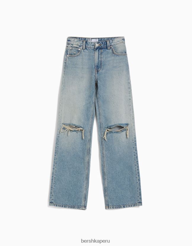 azul claro Bershka mujer vaqueros anchos de los 90 con rotos 806J6B1489