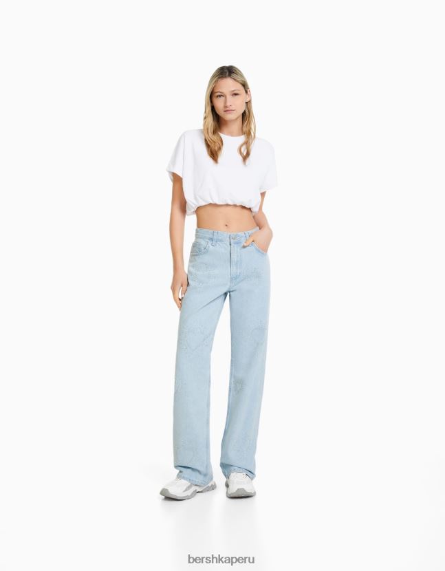 azul claro Bershka mujer vaqueros anchos de los años 90 con corazones de pedrería 806J6B1580