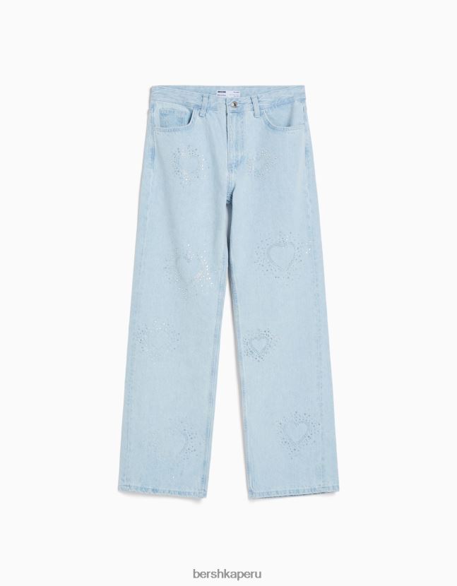 azul claro Bershka mujer vaqueros anchos de los años 90 con corazones de pedrería 806J6B1580