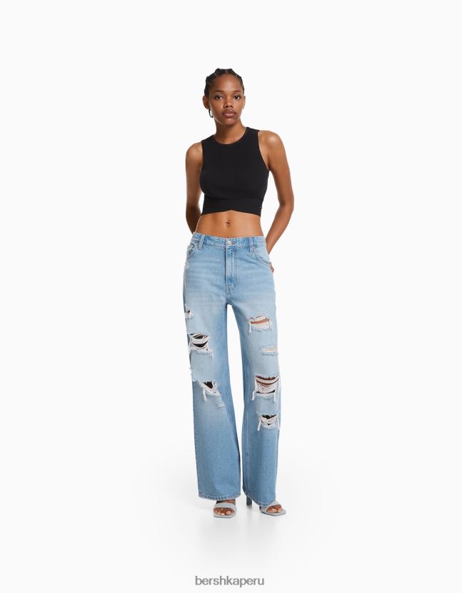 azul claro Bershka mujer vaqueros anchos rotos de los 90 806J6B1583