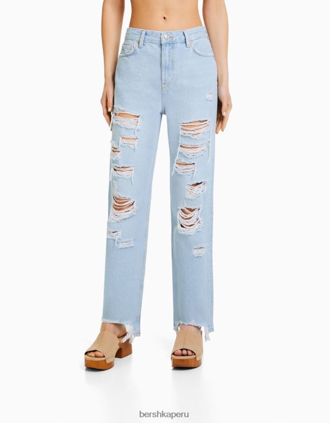 azul claro Bershka mujer vaqueros capri rectos con rotos 806J6B1573