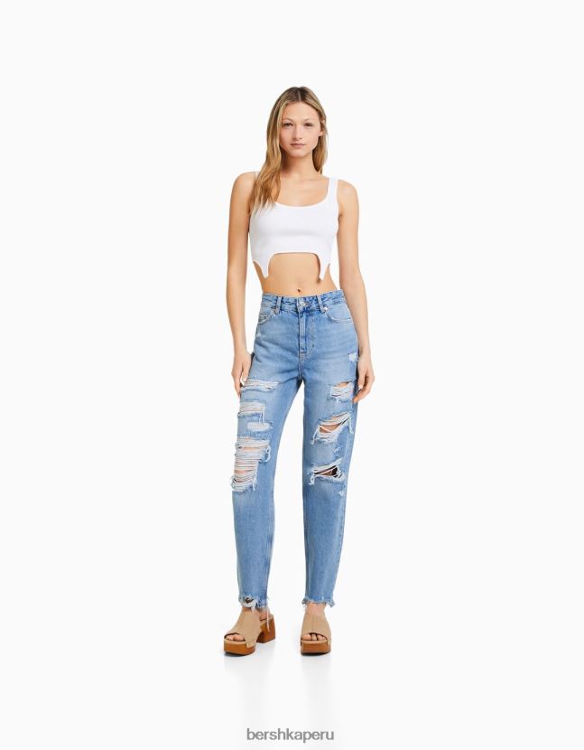 azul claro Bershka mujer vaqueros mom capri con rotos y pernera recta 806J6B1571