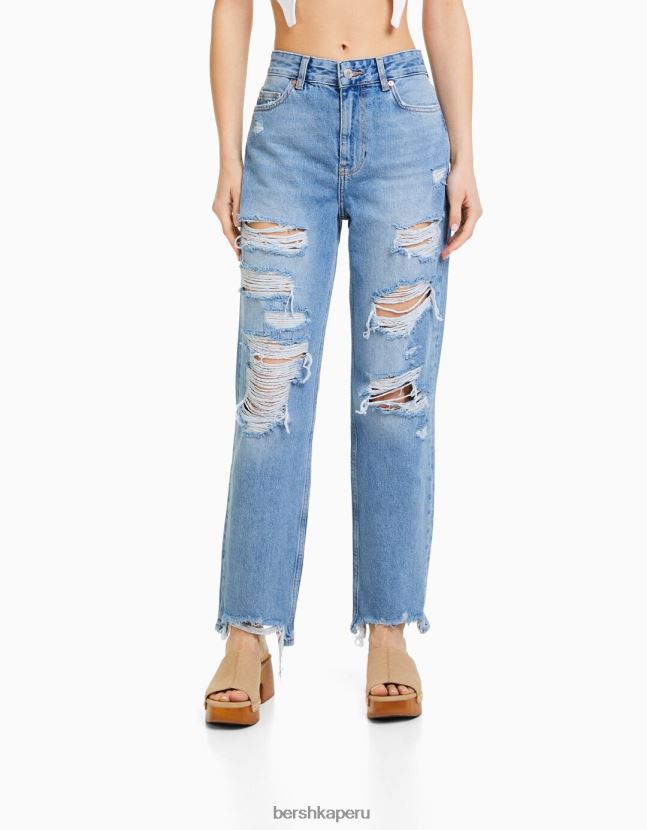 azul claro Bershka mujer vaqueros mom capri con rotos y pernera recta 806J6B1571