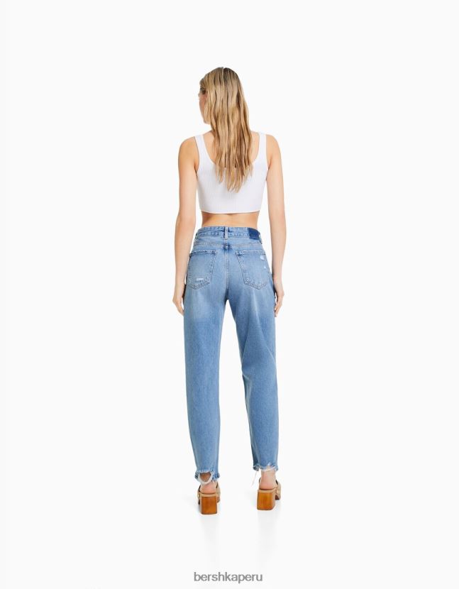 azul claro Bershka mujer vaqueros mom capri con rotos y pernera recta 806J6B1571