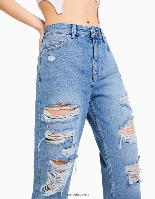 azul claro Bershka mujer vaqueros mom capri con rotos y pernera recta 806J6B1571