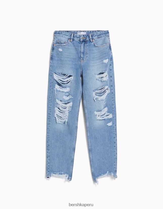 azul claro Bershka mujer vaqueros mom capri con rotos y pernera recta 806J6B1571