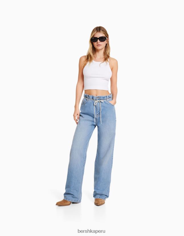 azul claro Bershka mujer vaqueros rectos con cintura elástica 806J6B1584
