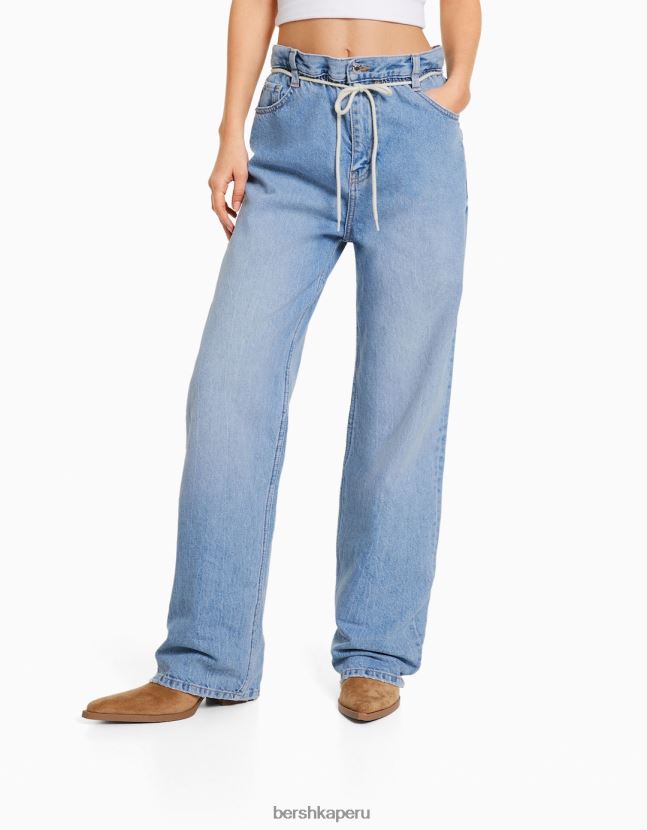 azul claro Bershka mujer vaqueros rectos con cintura elástica 806J6B1584