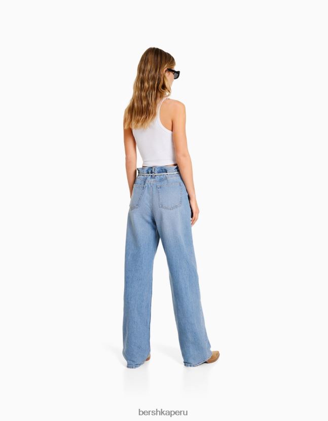 azul claro Bershka mujer vaqueros rectos con cintura elástica 806J6B1584