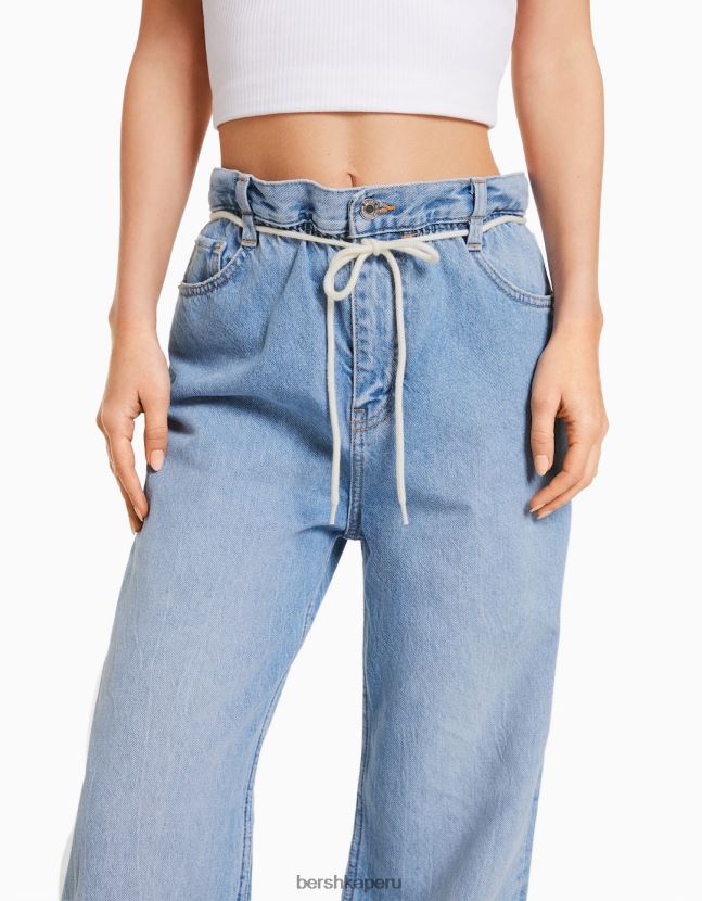 azul claro Bershka mujer vaqueros rectos con cintura elástica 806J6B1584