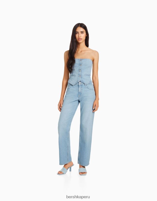 azul claro Bershka mujer vaqueros rectos con detalles de pedrería 806J6B1579