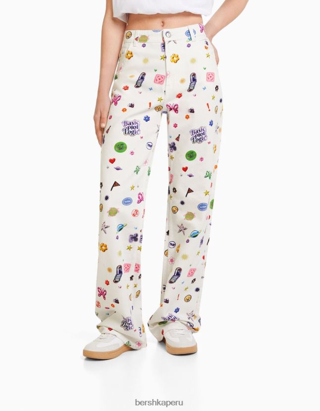 blanco Bershka mujer vaqueros anchos estampados de los 90 806J6B1592