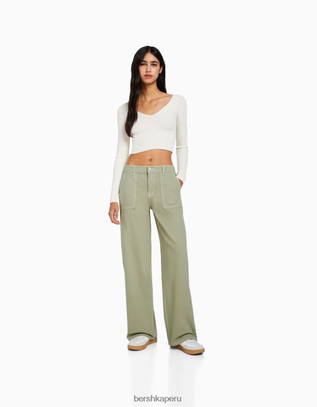 caqui Bershka mujer Jeans 90s con cinturilla elástica y bolsillo 806J6B1566