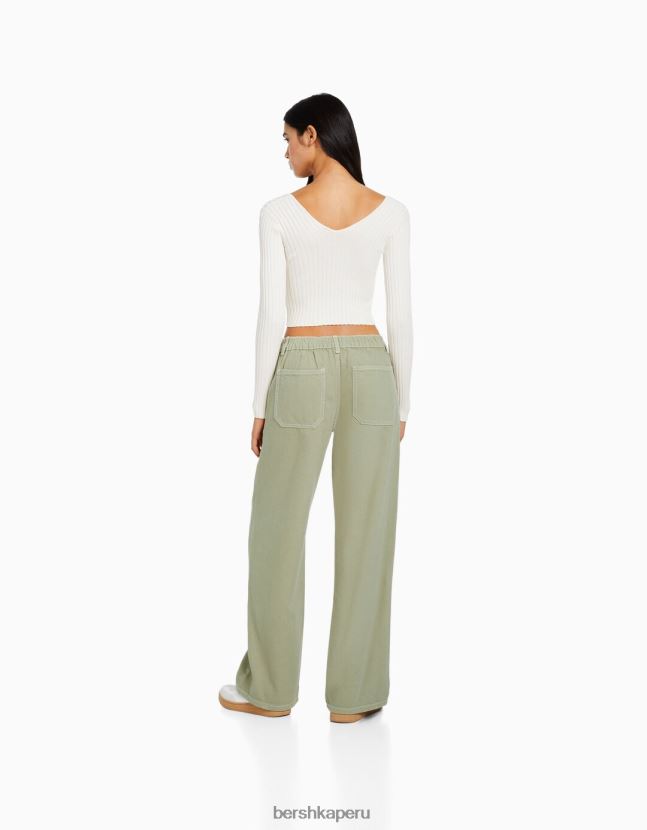 caqui Bershka mujer Jeans 90s con cinturilla elástica y bolsillo 806J6B1566