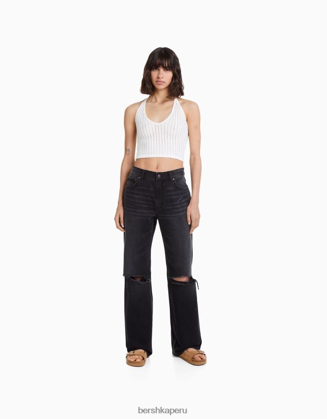 negro Bershka mujer vaqueros anchos de los 90 con rotos 806J6B1490