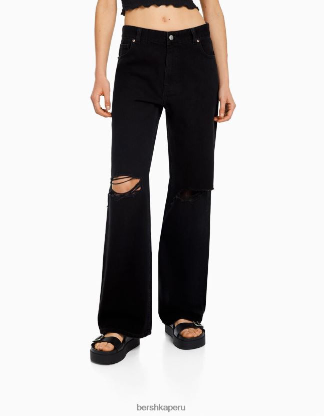 negro Bershka mujer vaqueros anchos rotos de los 90 806J6B1526