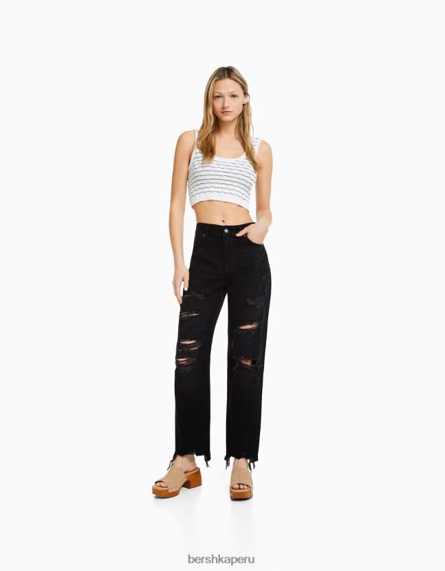 negro Bershka mujer vaqueros mom capri con rotos y pernera recta 806J6B1572