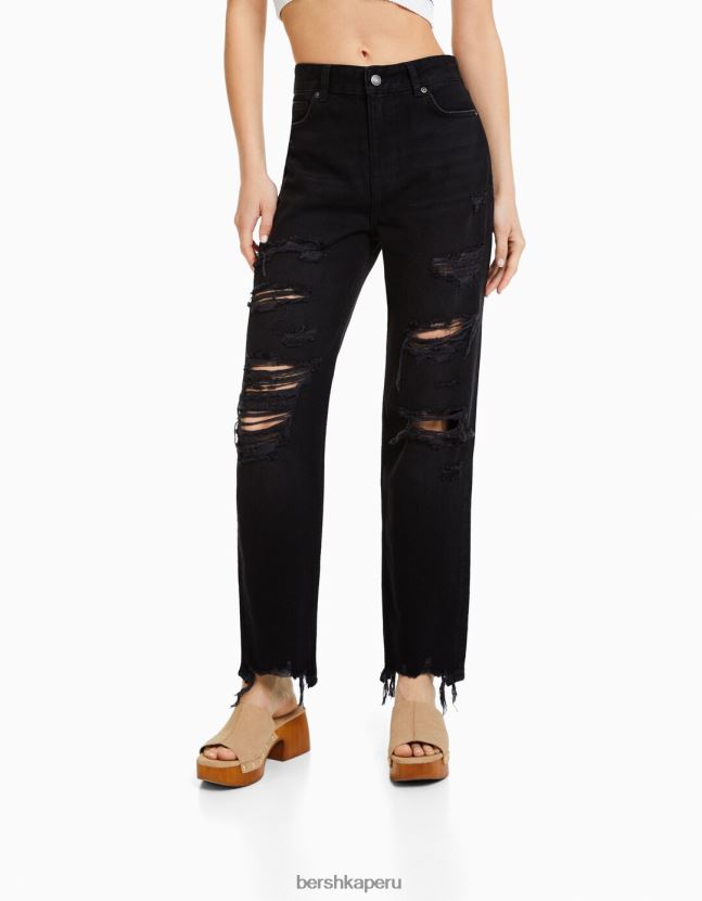 negro Bershka mujer vaqueros mom capri con rotos y pernera recta 806J6B1572