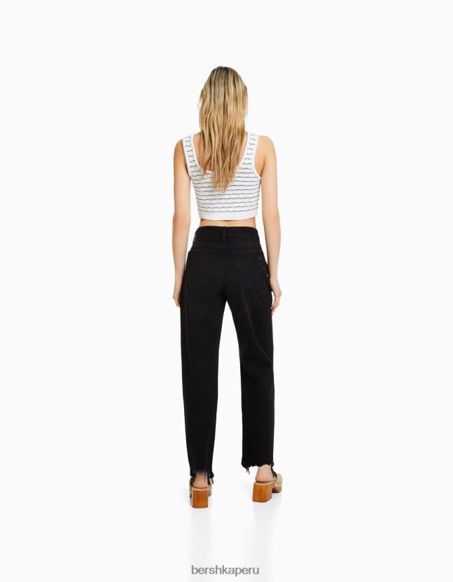 negro Bershka mujer vaqueros mom capri con rotos y pernera recta 806J6B1572