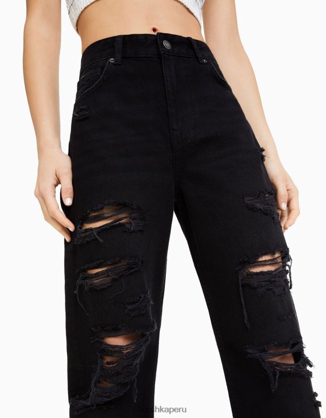 negro Bershka mujer vaqueros mom capri con rotos y pernera recta 806J6B1572