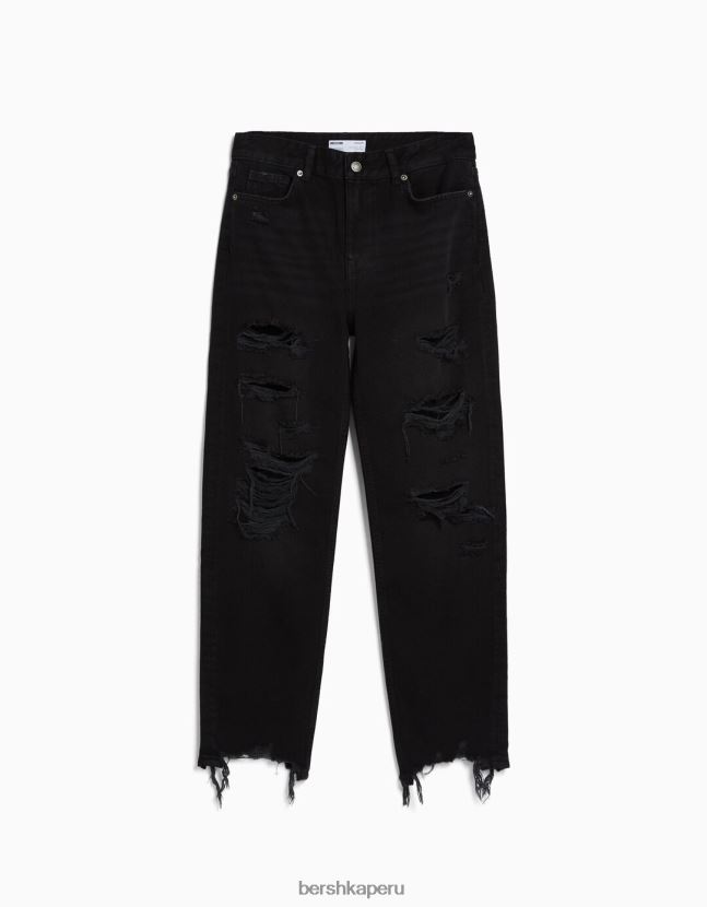 negro Bershka mujer vaqueros mom capri con rotos y pernera recta 806J6B1572