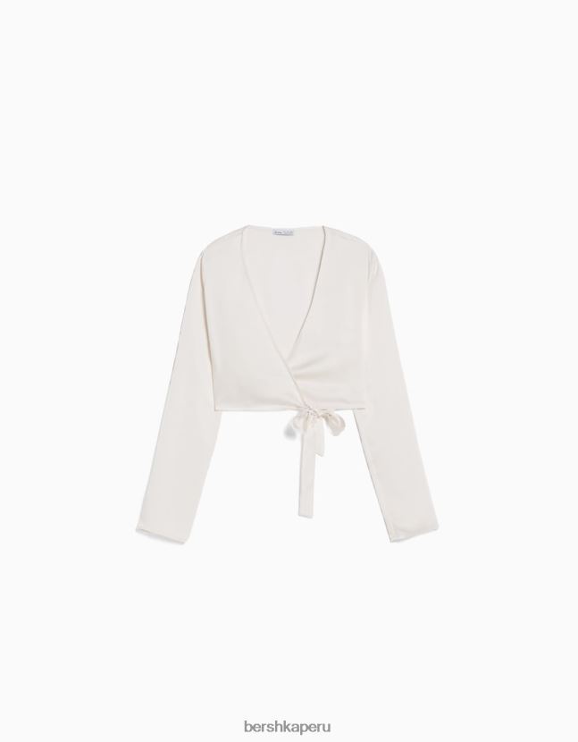 beige Bershka mujer blusa de ballet cruzada con manga larga y acabado satinado 806J6B939