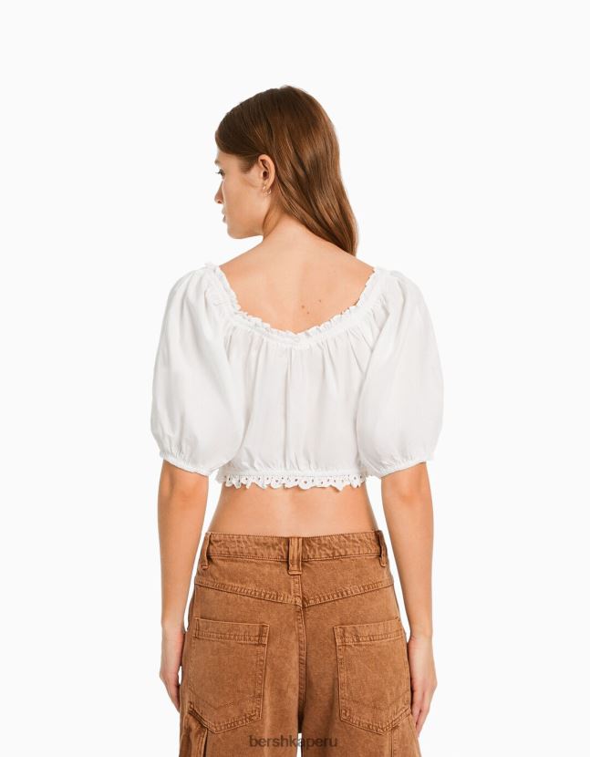 blanco Bershka mujer blusa manga corta con bordado suizo y detalle fruncido 806J6B914