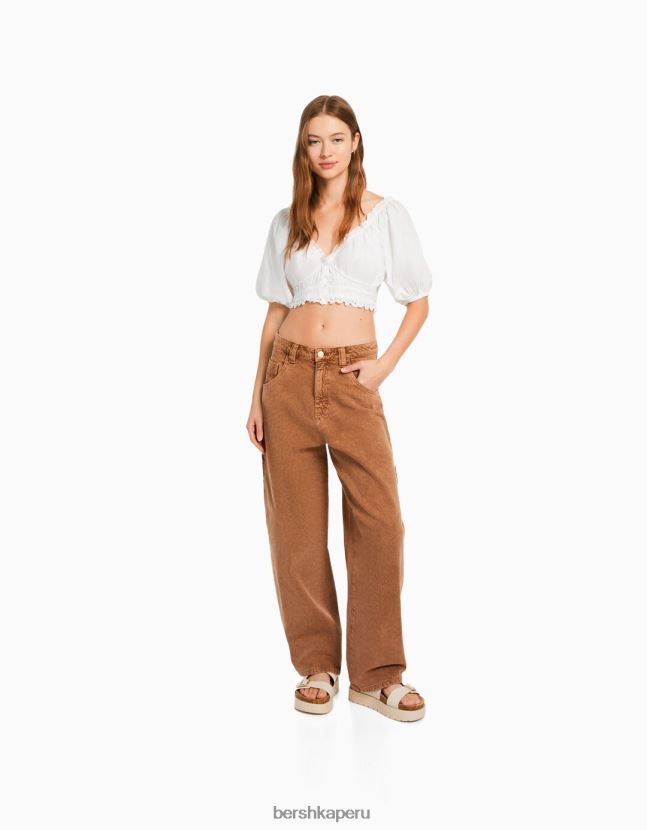 blanco Bershka mujer blusa manga corta con bordado suizo y detalle fruncido 806J6B914