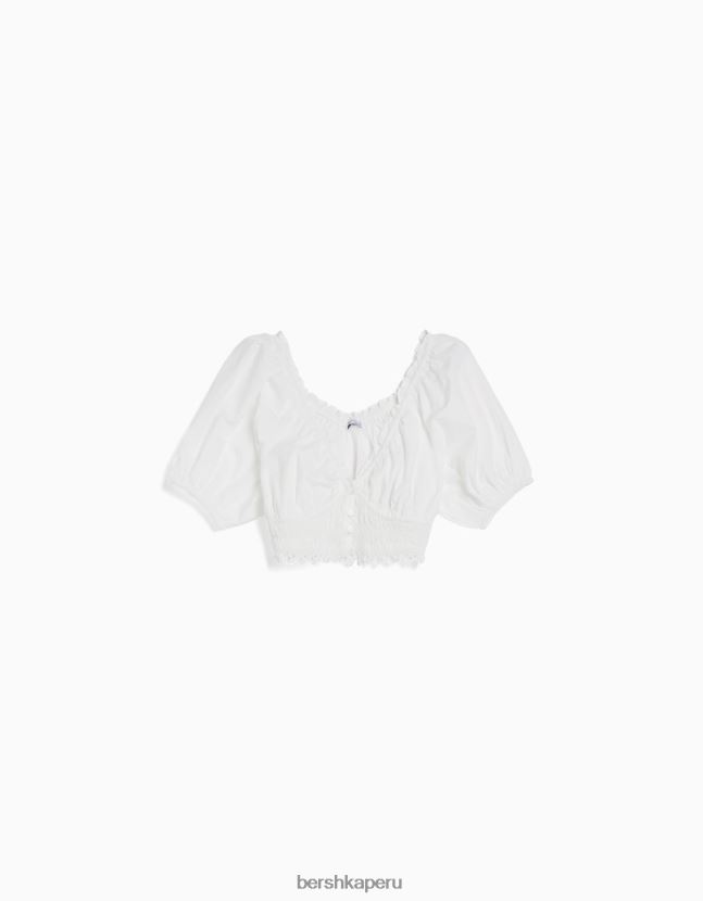 blanco Bershka mujer blusa manga corta con bordado suizo y detalle fruncido 806J6B914