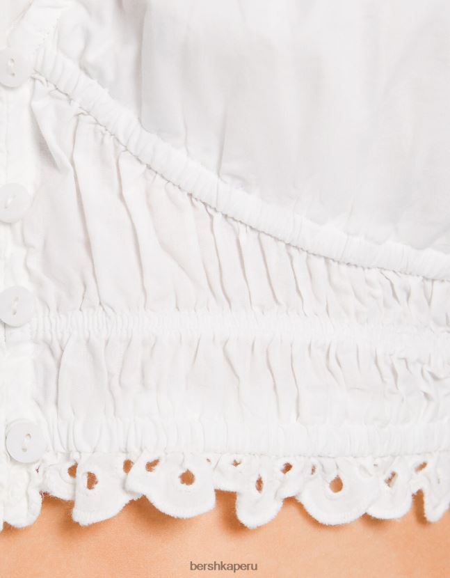 blanco Bershka mujer blusa manga corta con bordado suizo y detalle fruncido 806J6B914