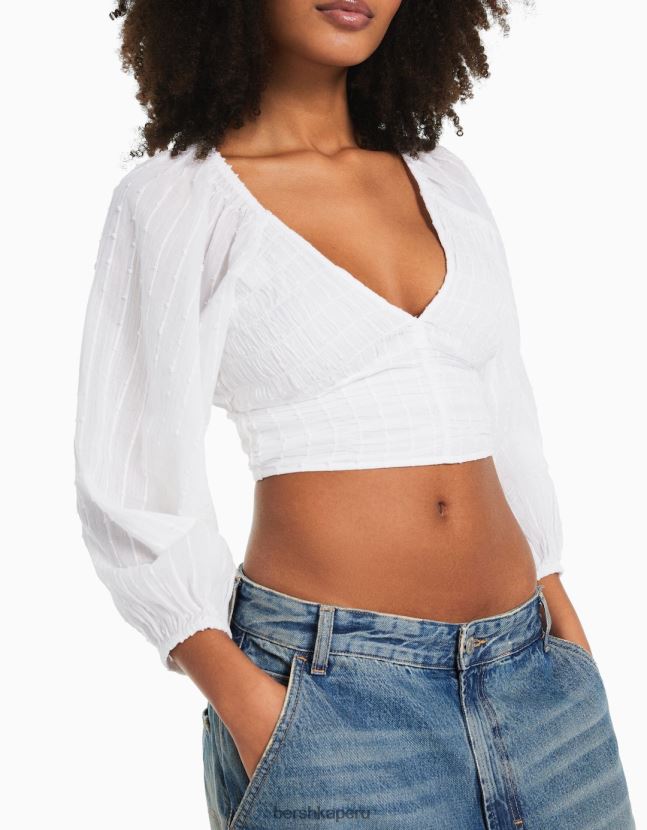 blanquecino Bershka mujer blusa voluminosa de manga larga con cuello en v 806J6B951