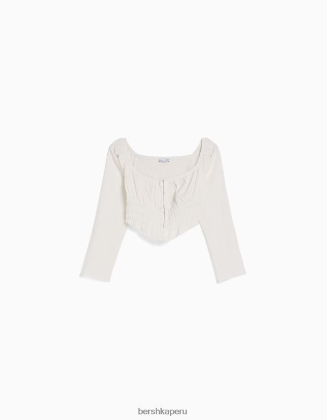 crema Bershka mujer blusa de manga larga con hombros descubiertos y tejido texturizado 806J6B935