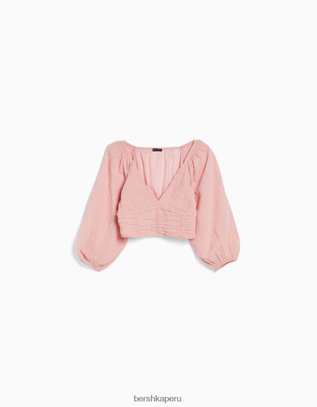 gris Bershka mujer blusa voluminosa de manga larga con cuello en v 806J6B950