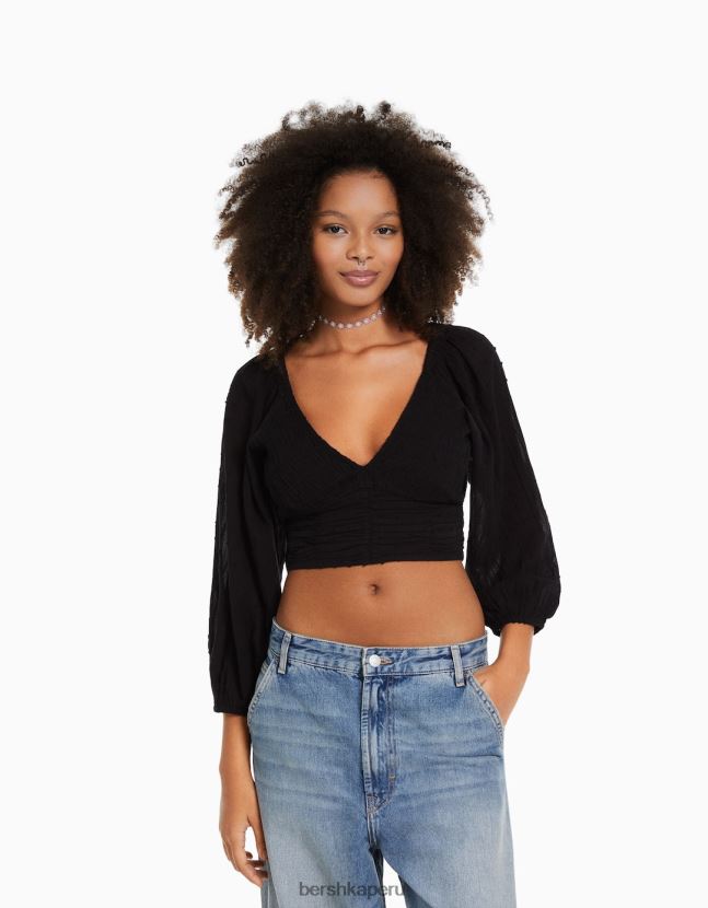 negro Bershka mujer blusa voluminosa de manga larga con cuello en v 806J6B952