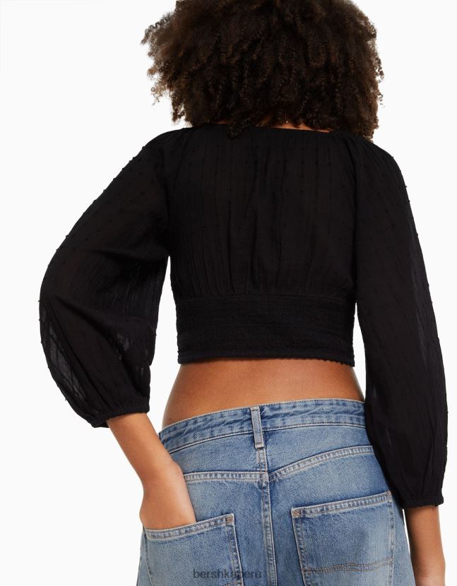 negro Bershka mujer blusa voluminosa de manga larga con cuello en v 806J6B952