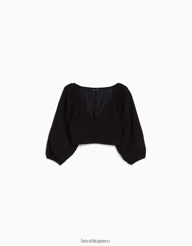 negro Bershka mujer blusa voluminosa de manga larga con cuello en v 806J6B952